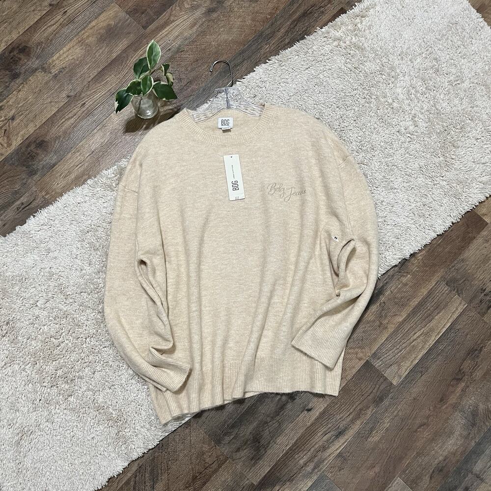 Urban Outfitters BDG M Oatmeal Beige Heather Wool Blend Embroidered Sweater NWT